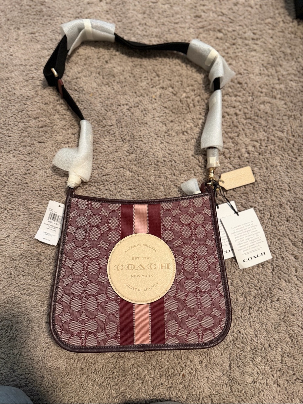 Coach Burgundy and Pink Signature Stripe Crossbody